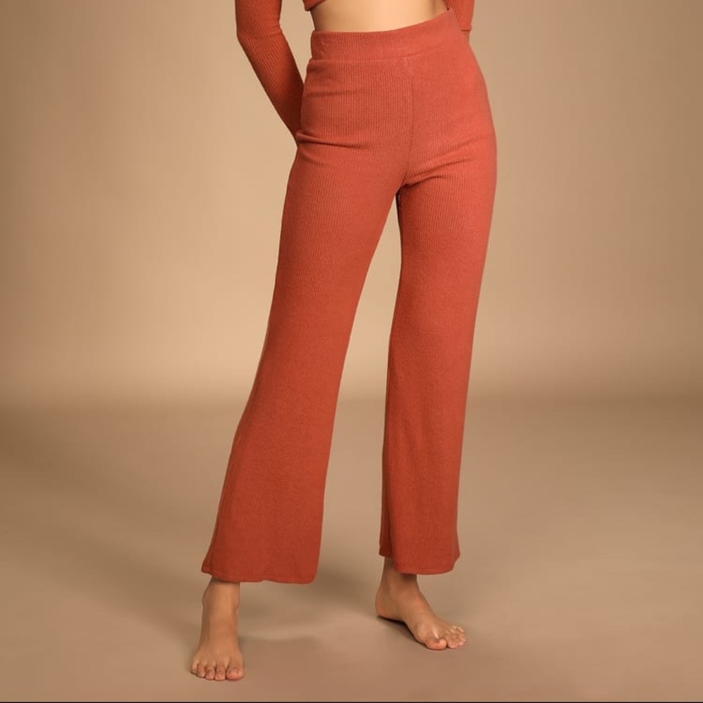 Lulu’s You Gotta Chill Rust Orange Ribbed Knit Wide-Leg Lounge Pants